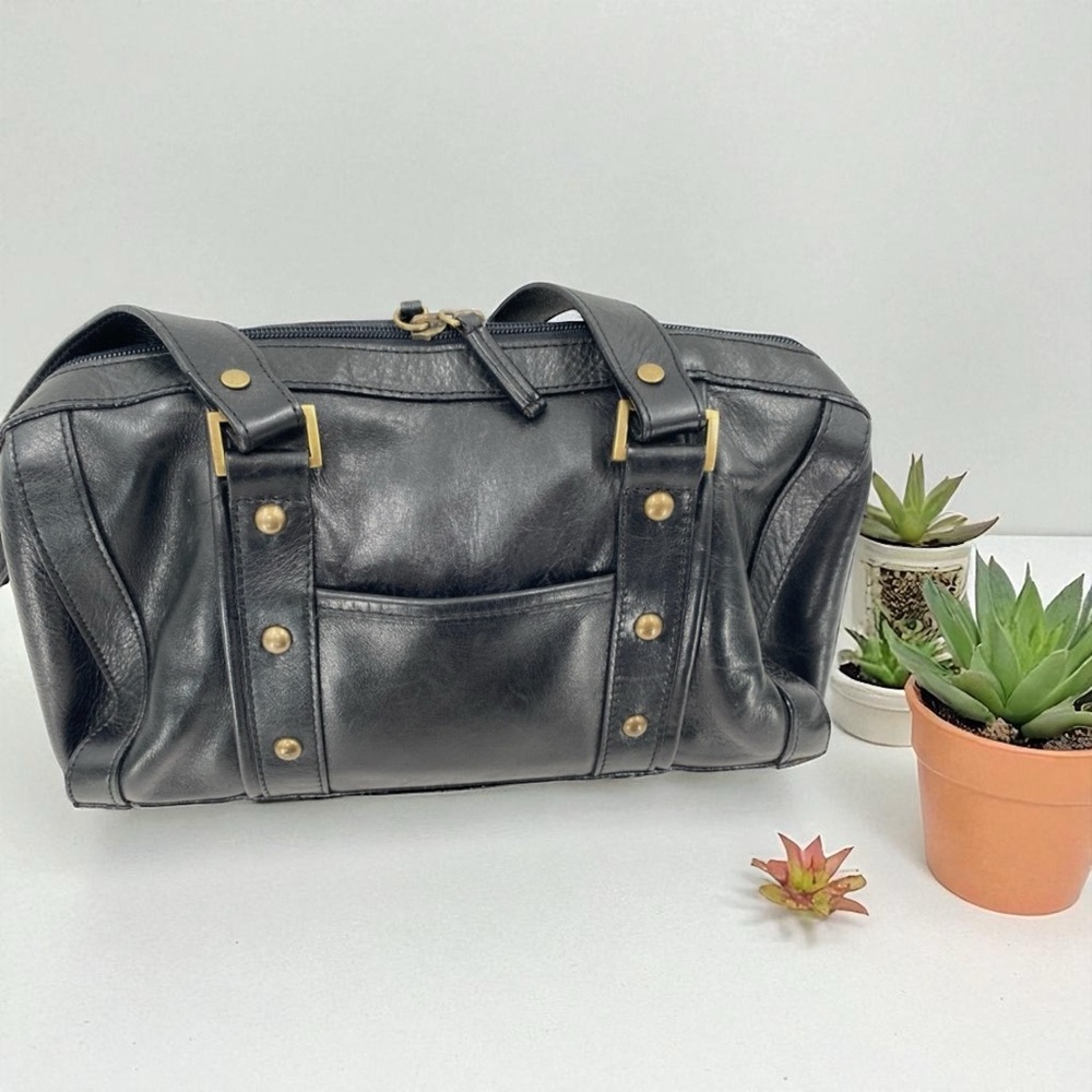 Italian Black Leather Handbag with Gold Accents
